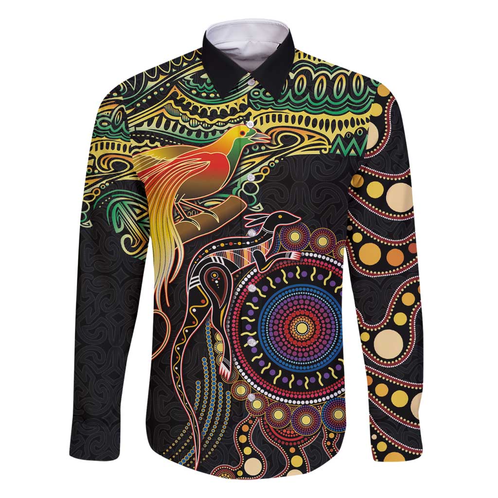 Papua New Guinea and Australia Together Family Matching Tank Maxi Dress and Hawaiian Shirt Bird of Paradise and Kangaroo Melanesian Aboriginal Motifs LT03 Dad's Shirt - Long Sleeve Black - Polynesian Pride