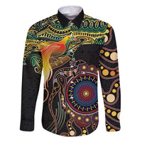 Papua New Guinea and Australia Together Family Matching Tank Maxi Dress and Hawaiian Shirt Bird of Paradise and Kangaroo Melanesian Aboriginal Motifs LT03 Dad's Shirt - Long Sleeve Black - Polynesian Pride
