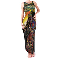 Papua New Guinea and Australia Together Family Matching Tank Maxi Dress and Hawaiian Shirt Bird of Paradise and Kangaroo Melanesian Aboriginal Motifs LT03 Mom's Dress Black - Polynesian Pride