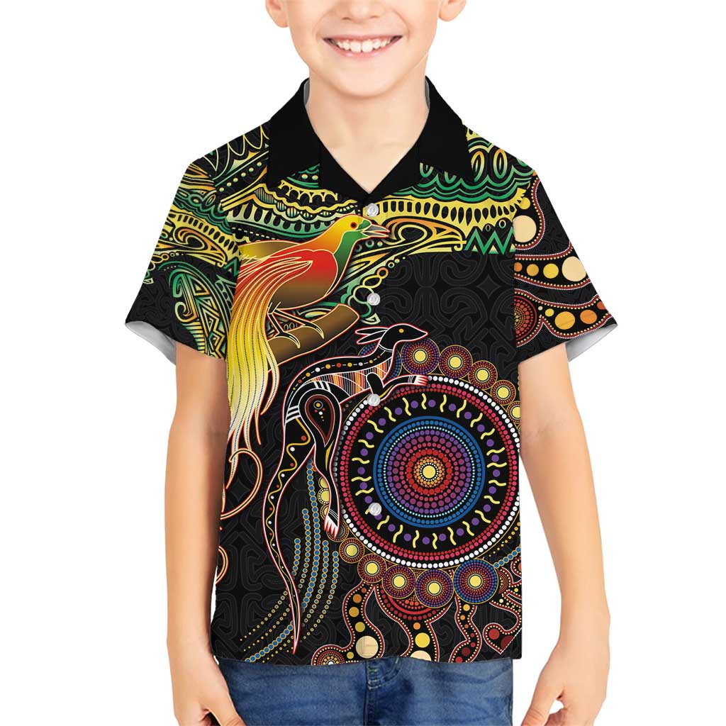 Papua New Guinea and Australia Together Family Matching Tank Maxi Dress and Hawaiian Shirt Bird of Paradise and Kangaroo Melanesian Aboriginal Motifs LT03 Son's Shirt Black - Polynesian Pride