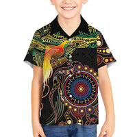 Papua New Guinea and Australia Together Family Matching Tank Maxi Dress and Hawaiian Shirt Bird of Paradise and Kangaroo Melanesian Aboriginal Motifs LT03 Son's Shirt Black - Polynesian Pride