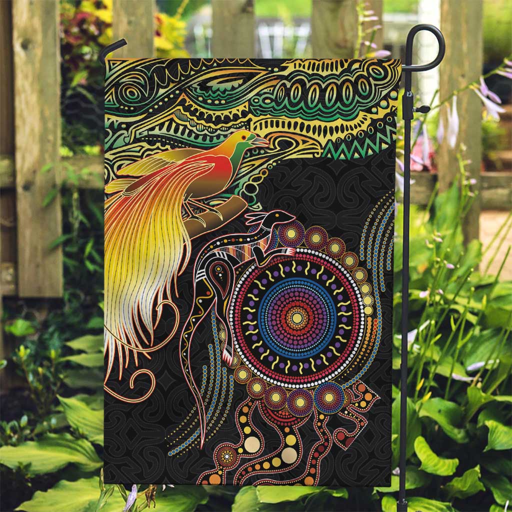 Papua New Guinea and Australia Together Garden Flag Bird of Paradise and Kangaroo Melanesian Aboriginal Motifs - Polynesian Pride