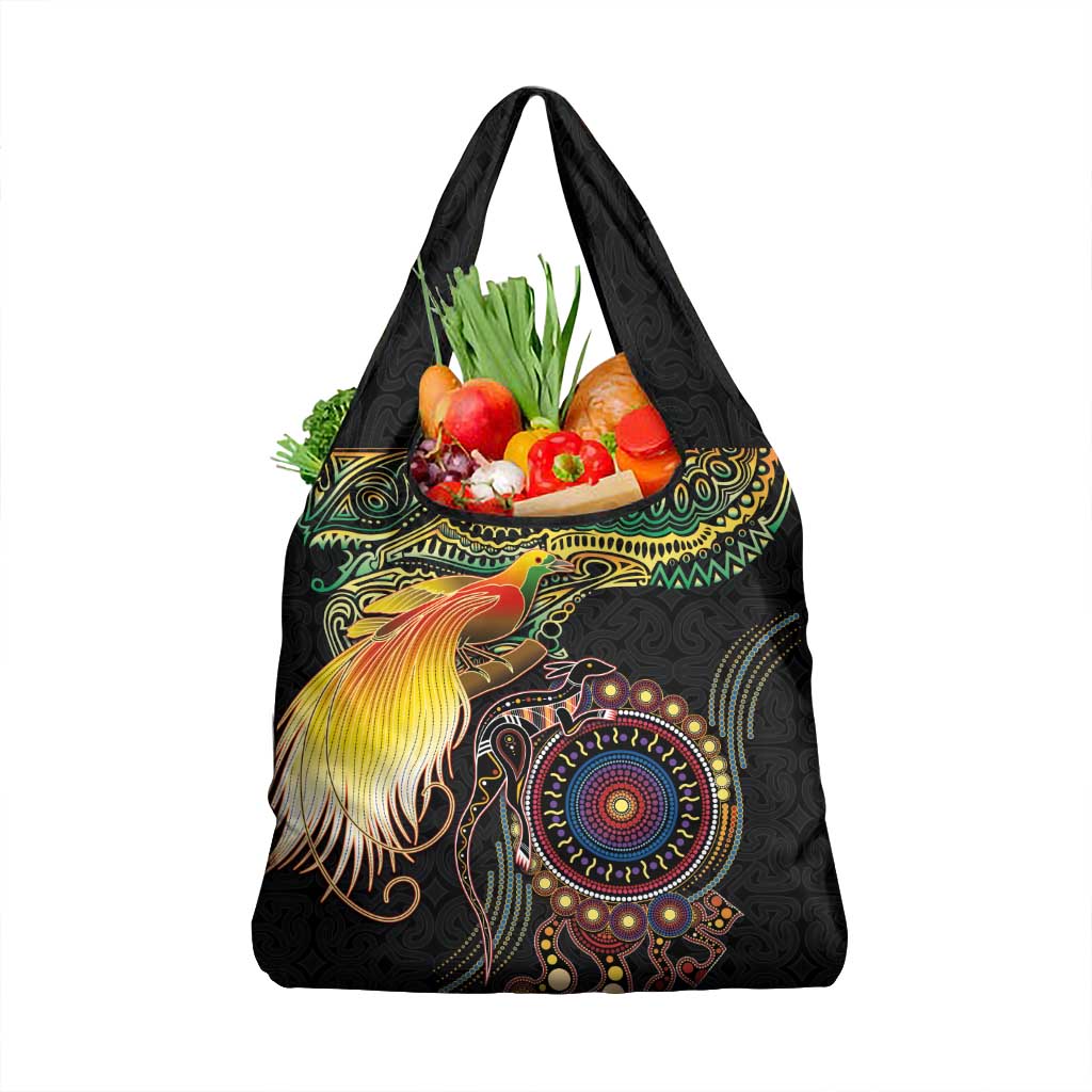 Papua New Guinea and Australia Together Grocery Bag Bird of Paradise and Kangaroo Melanesian Aboriginal Motifs - Polynesian Pride