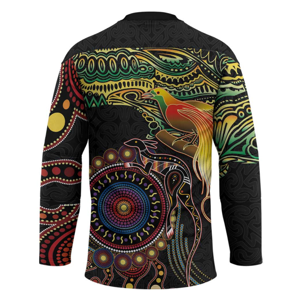Papua New Guinea and Australia Together Hockey Jersey Bird of Paradise and Kangaroo Melanesian Aboriginal Motifs - Polynesian Pride
