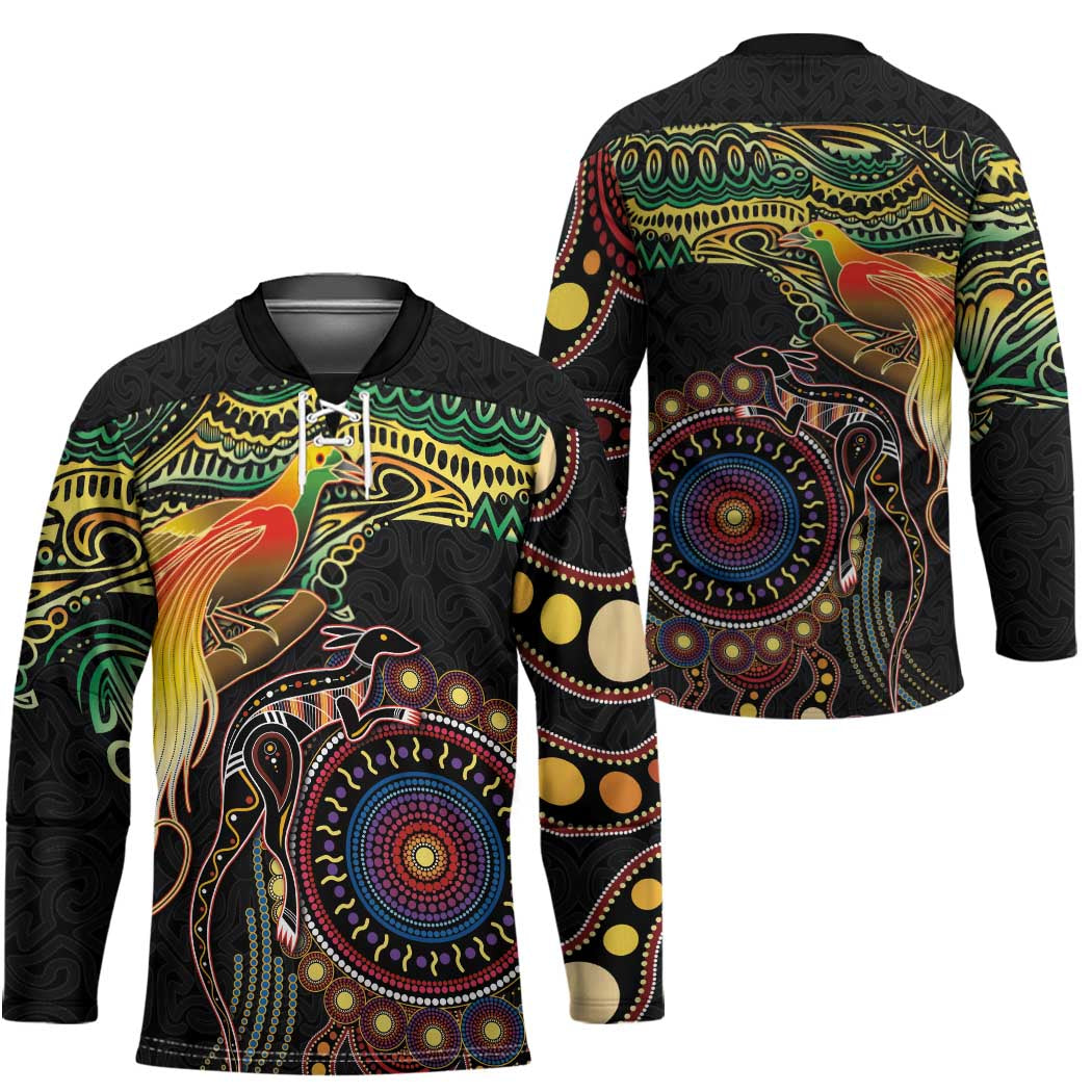 Papua New Guinea and Australia Together Hockey Jersey Bird of Paradise and Kangaroo Melanesian Aboriginal Motifs - Polynesian Pride
