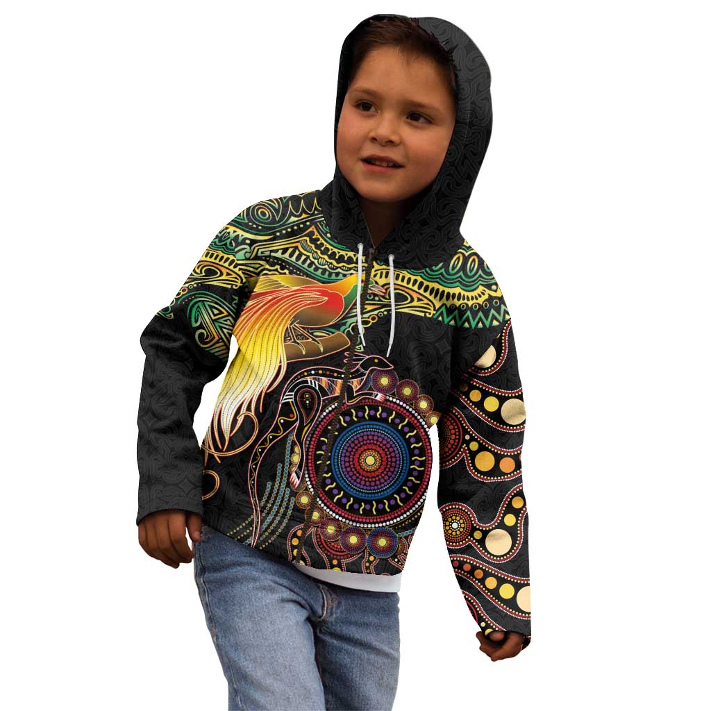 Papua New Guinea and Australia Together Kid Hoodie Bird of Paradise and Kangaroo Melanesian Aboriginal Motifs - Polynesian Pride