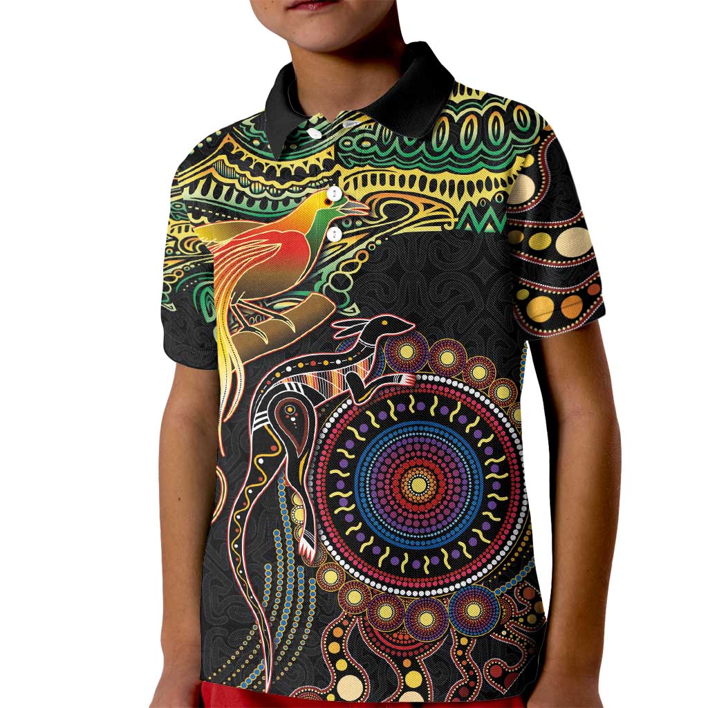Papua New Guinea and Australia Together Kid Polo Shirt Bird of Paradise and Kangaroo Melanesian Aboriginal Motifs - Polynesian Pride
