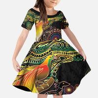 Papua New Guinea and Australia Together Kid Short Sleeve Dress Bird of Paradise and Kangaroo Melanesian Aboriginal Motifs LT03 KID Black - Polynesian Pride