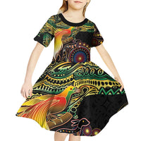 Papua New Guinea and Australia Together Kid Short Sleeve Dress Bird of Paradise and Kangaroo Melanesian Aboriginal Motifs LT03 - Polynesian Pride