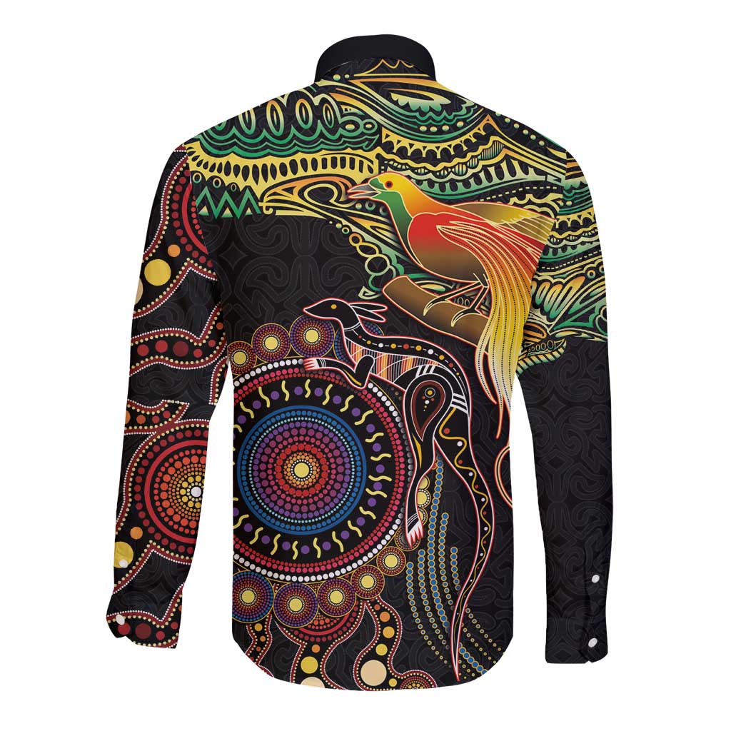 Papua New Guinea and Australia Together Long Sleeve Button Shirt Bird of Paradise and Kangaroo Melanesian Aboriginal Motifs - Polynesian Pride