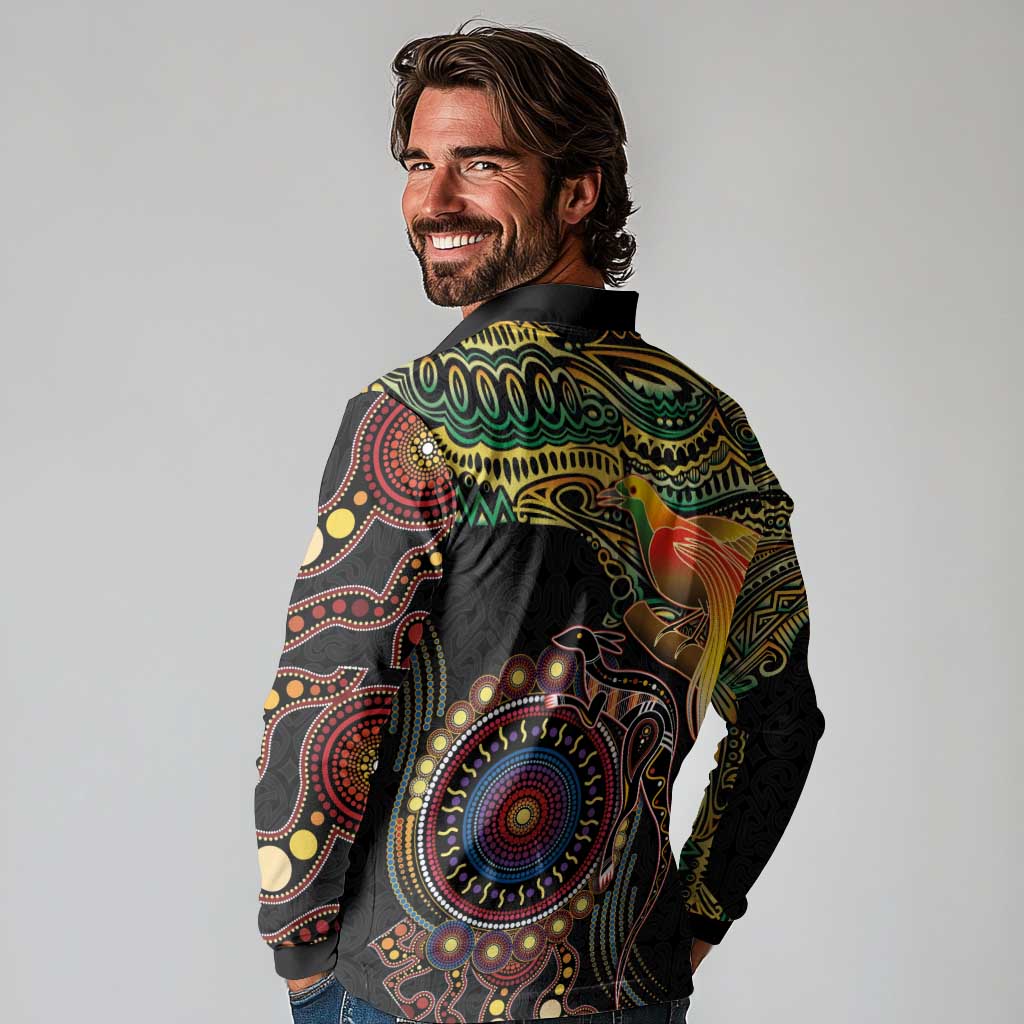 Papua New Guinea and Australia Together Long Sleeve Polo Shirt Bird of Paradise and Kangaroo Melanesian Aboriginal Motifs - Polynesian Pride