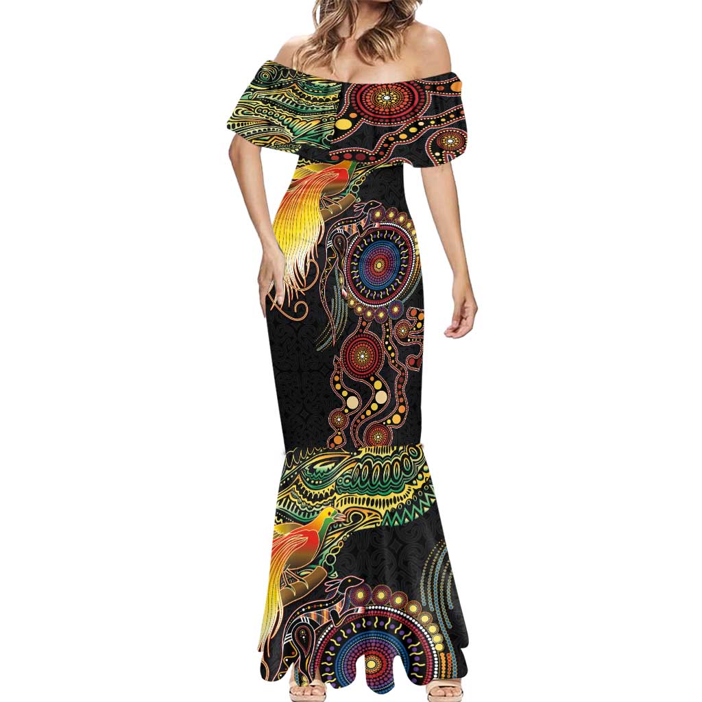 Papua New Guinea and Australia Together Mermaid Dress Bird of Paradise and Kangaroo Melanesian Aboriginal Motifs - Polynesian Pride