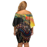 Papua New Guinea and Australia Together Off Shoulder Short Dress Bird of Paradise and Kangaroo Melanesian Aboriginal Motifs LT03 - Polynesian Pride