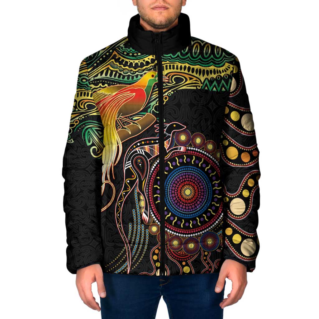 Papua New Guinea and Australia Together Padded Jacket Bird of Paradise and Kangaroo Melanesian Aboriginal Motifs LT03 Men Black - Polynesian Pride