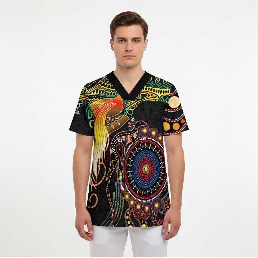 Papua New Guinea and Australia Together Scrub Top Bird of Paradise and Kangaroo Melanesian Aboriginal Motifs LT03 - Polynesian Pride