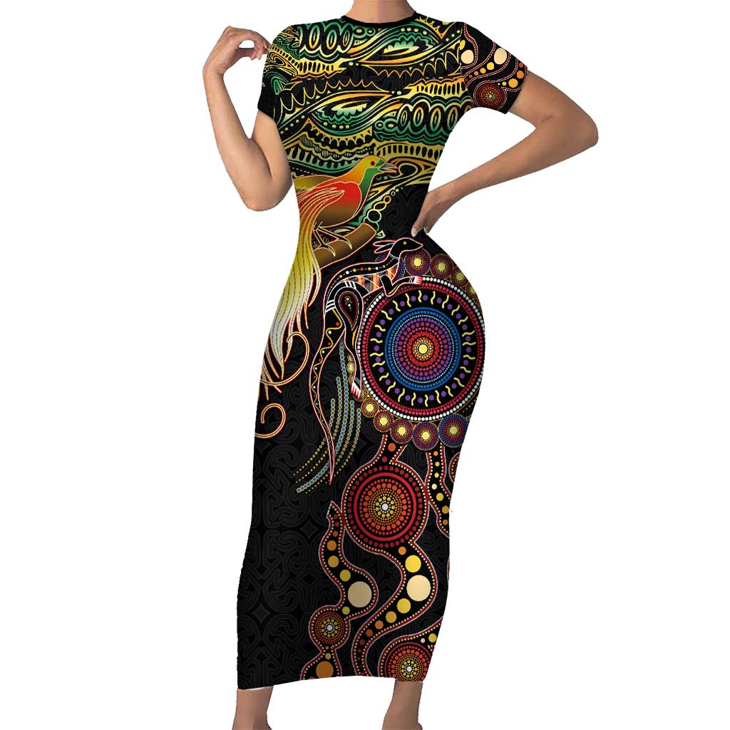 Papua New Guinea and Australia Together Short Sleeve Bodycon Dress Bird of Paradise and Kangaroo Melanesian Aboriginal Motifs LT03 Long Dress Black - Polynesian Pride