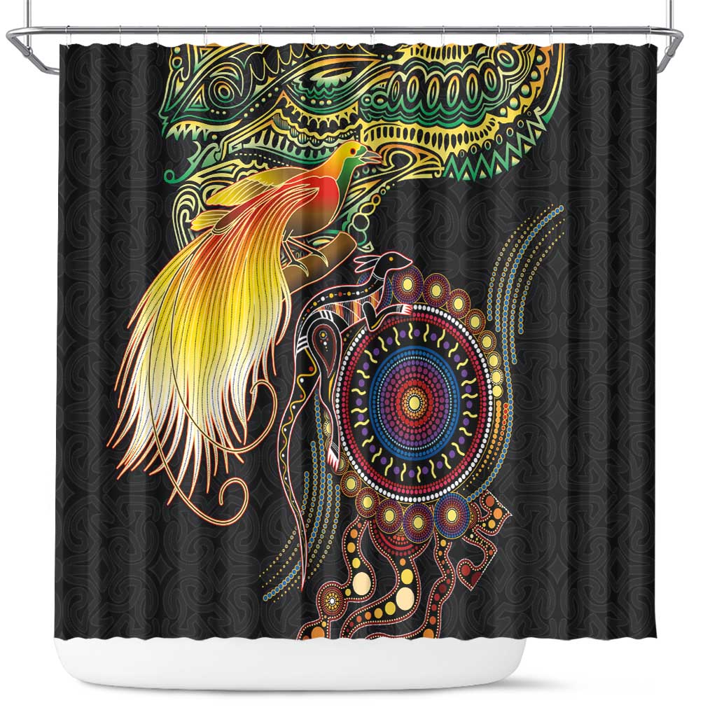 Papua New Guinea and Australia Together Shower Curtain Bird of Paradise and Kangaroo Melanesian Aboriginal Motifs - Polynesian Pride