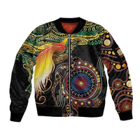 Papua New Guinea and Australia Together Sleeve Zip Bomber Jacket Bird of Paradise and Kangaroo Melanesian Aboriginal Motifs LT03 Unisex Black - Polynesian Pride