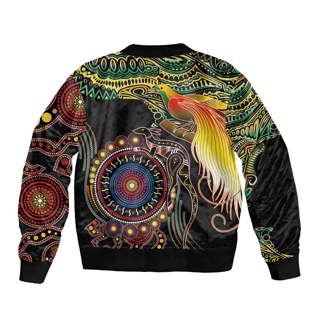 Papua New Guinea and Australia Together Sleeve Zip Bomber Jacket Bird of Paradise and Kangaroo Melanesian Aboriginal Motifs LT03 - Polynesian Pride