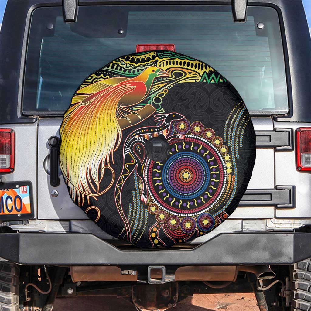 Papua New Guinea and Australia Together Spare Tire Cover Bird of Paradise and Kangaroo Melanesian Aboriginal Motifs LT03 Black - Polynesian Pride