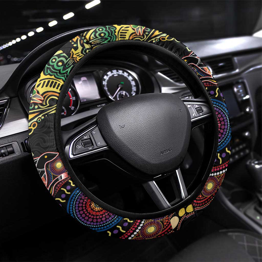 Papua New Guinea and Australia Together Steering Wheel Cover Bird of Paradise and Kangaroo Melanesian Aboriginal Motifs - Polynesian Pride
