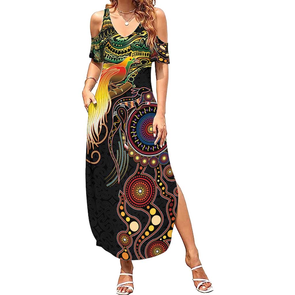 Papua New Guinea and Australia Together Summer Maxi Dress Bird of Paradise and Kangaroo Melanesian Aboriginal Motifs - Polynesian Pride