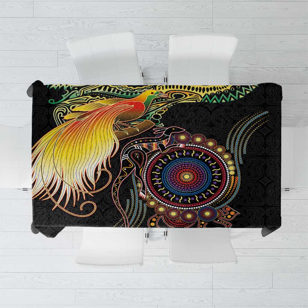 Papua New Guinea and Australia Together Tablecloth Bird of Paradise and Kangaroo Melanesian Aboriginal Motifs LT03 Black - Polynesian Pride