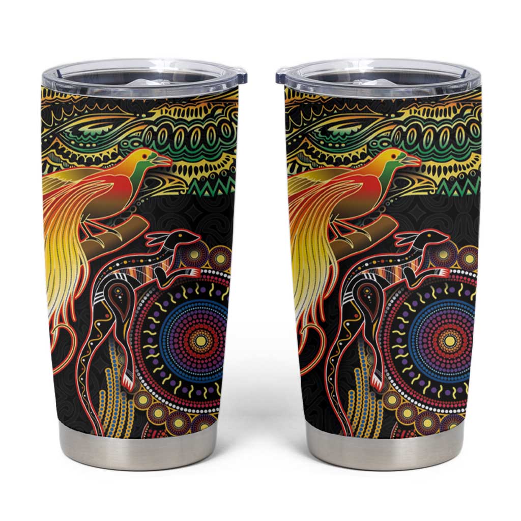 Papua New Guinea and Australia Together Tumbler Cup Bird of Paradise and Kangaroo Melanesian Aboriginal Motifs - Polynesian Pride