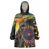 Papua New Guinea and Australia Together Wearable Blanket Hoodie Bird of Paradise and Kangaroo Melanesian Aboriginal Motifs LT03 One Size Black - Polynesian Pride