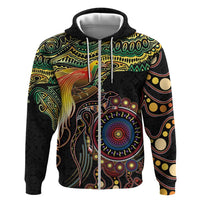 Papua New Guinea and Australia Together Zip Hoodie Bird of Paradise and Kangaroo Melanesian Aboriginal Motifs LT03 Zip Hoodie Black - Polynesian Pride