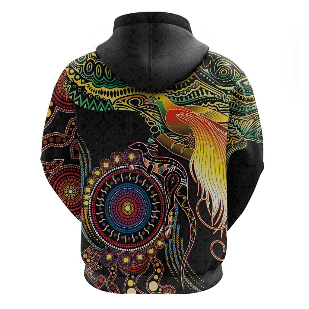 Papua New Guinea and Australia Together Zip Hoodie Bird of Paradise and Kangaroo Melanesian Aboriginal Motifs LT03 - Polynesian Pride