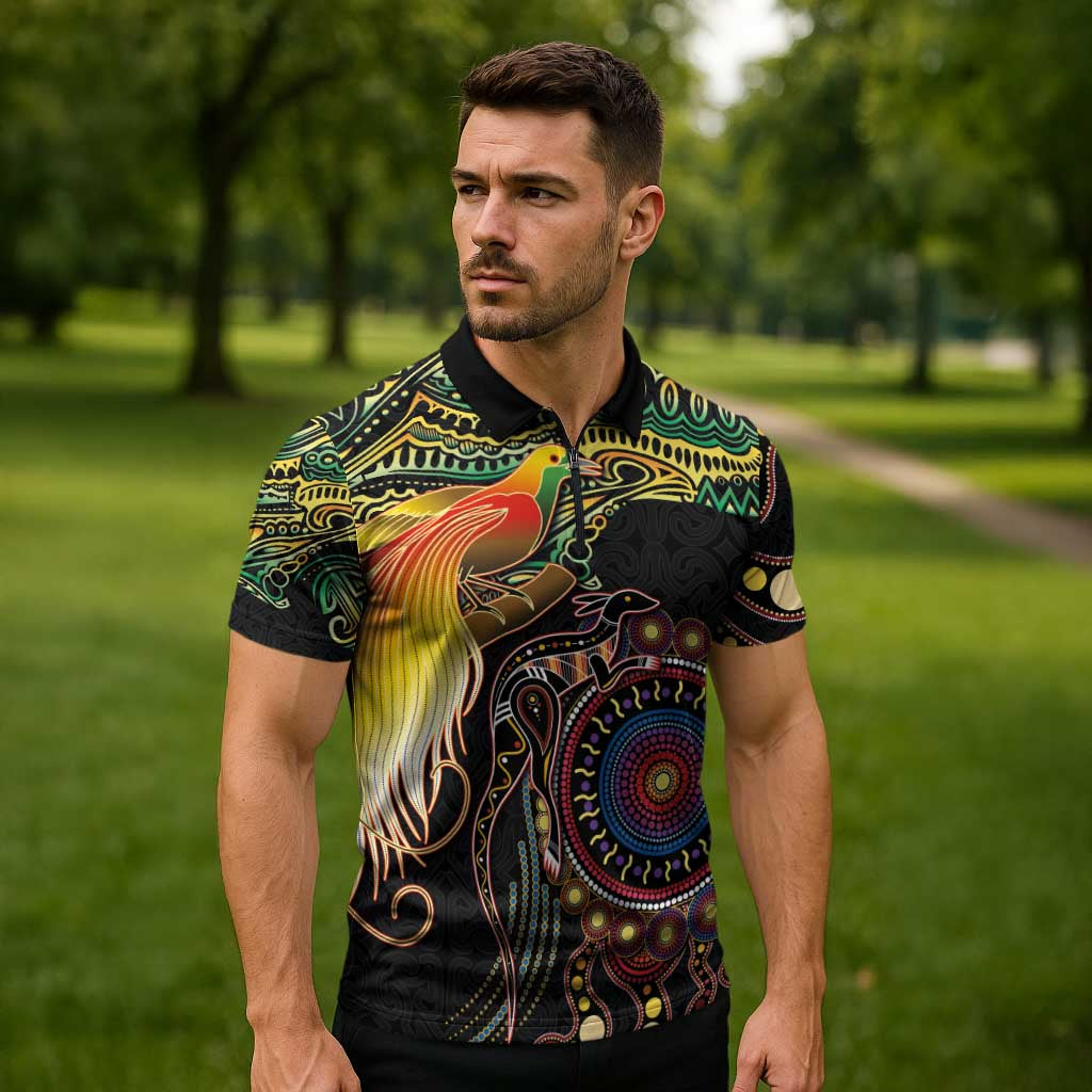Papua New Guinea and Australia Together Zipper Polo Shirt Bird of Paradise and Kangaroo Melanesian Aboriginal Motifs - Polynesian Pride