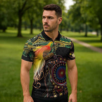 Papua New Guinea and Australia Together Zipper Polo Shirt Bird of Paradise and Kangaroo Melanesian Aboriginal Motifs - Polynesian Pride
