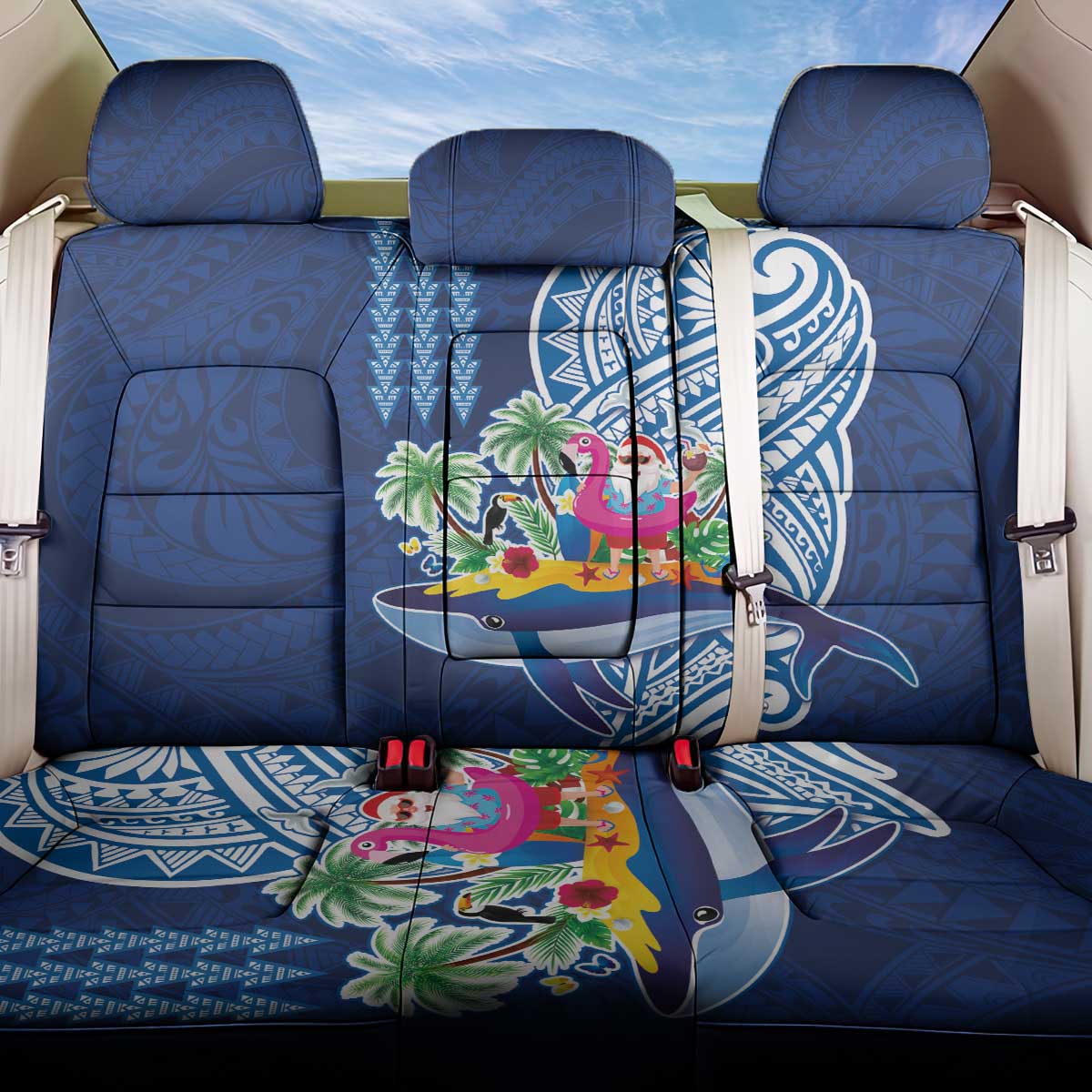 Hawaiian Mele Kalikimaka Back Car Seat Cover Funny Santa on Whale Island with Kakau Tattoos - Polynesian Pride
