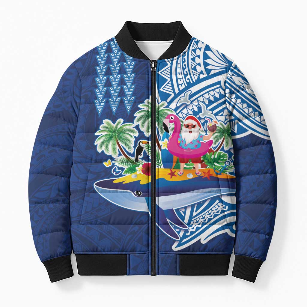 Hawaiian Mele Kalikimaka Bomber Puffer Jacket Funny Santa on Whale Island with Kakau Tattoos - Polynesian Pride