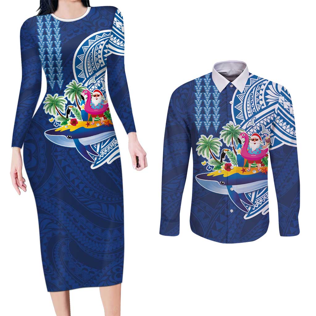Hawaiian Mele Kalikimaka Couples Matching Long Sleeve Bodycon Dress and Long Sleeve Button Shirt Funny Santa on Whale Island with Kakau Tattoos - Polynesian Pride