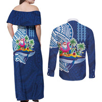 Hawaiian Mele Kalikimaka Couples Matching Off Shoulder Maxi Dress and Long Sleeve Button Shirt Funny Santa on Whale Island with Kakau Tattoos - Polynesian Pride