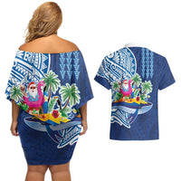 Hawaiian Mele Kalikimaka Couples Matching Off Shoulder Short Dress and Hawaiian Shirt Funny Santa on Whale Island with Kakau Tattoos - Polynesian Pride
