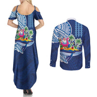 Hawaiian Mele Kalikimaka Couples Matching Summer Maxi Dress and Long Sleeve Button Shirt Funny Santa on Whale Island with Kakau Tattoos - Polynesian Pride