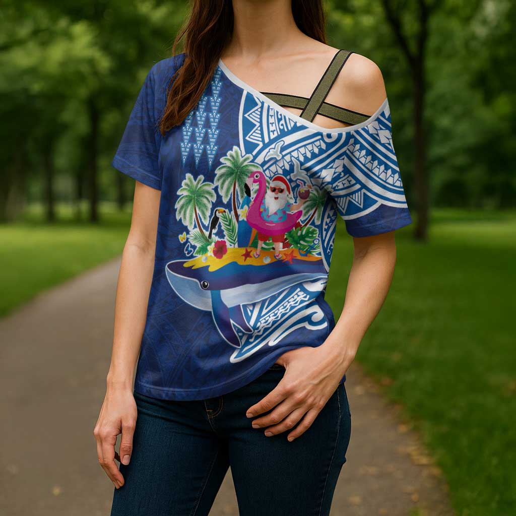 Hawaiian Mele Kalikimaka Cross Shoulder Shirt Funny Santa on Whale Island with Kakau Tattoos - Polynesian Pride