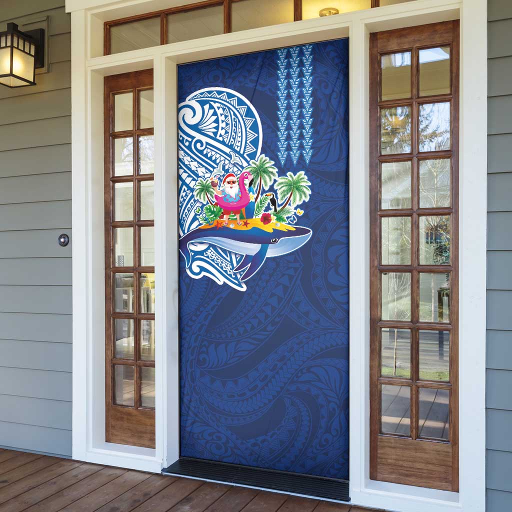 Hawaiian Mele Kalikimaka Door Cover Funny Santa on Whale Island with Kakau Tattoos - Polynesian Pride
