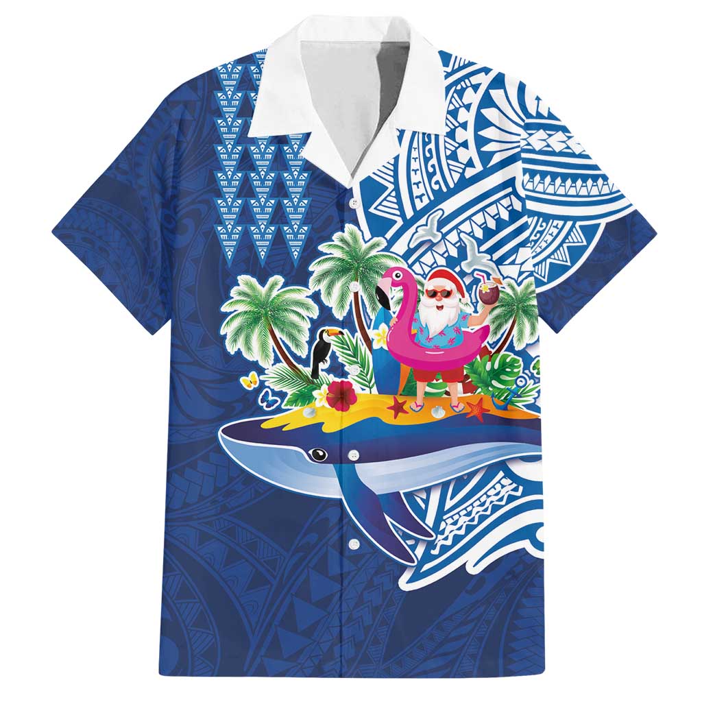 Hawaiian Mele Kalikimaka Family Matching Long Sleeve Bodycon Dress and Hawaiian Shirt Funny Santa on Whale Island with Kakau Tattoos LT03 Dad's Shirt - Short Sleeve Blue - Polynesian Pride
