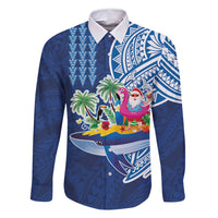 Hawaiian Mele Kalikimaka Family Matching Long Sleeve Bodycon Dress and Hawaiian Shirt Funny Santa on Whale Island with Kakau Tattoos LT03 Dad's Shirt - Long Sleeve Blue - Polynesian Pride