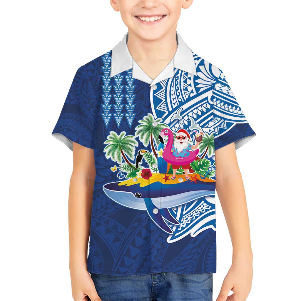 Hawaiian Mele Kalikimaka Family Matching Long Sleeve Bodycon Dress and Hawaiian Shirt Funny Santa on Whale Island with Kakau Tattoos LT03 Son's Shirt Blue - Polynesian Pride