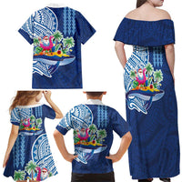 Hawaiian Mele Kalikimaka Family Matching Off Shoulder Maxi Dress and Hawaiian Shirt Funny Santa on Whale Island with Kakau Tattoos - Polynesian Pride