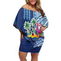 Hawaiian Mele Kalikimaka Family Matching Off Shoulder Short Dress and Hawaiian Shirt Funny Santa on Whale Island with Kakau Tattoos LT03 Mom's Dress Blue - Polynesian Pride