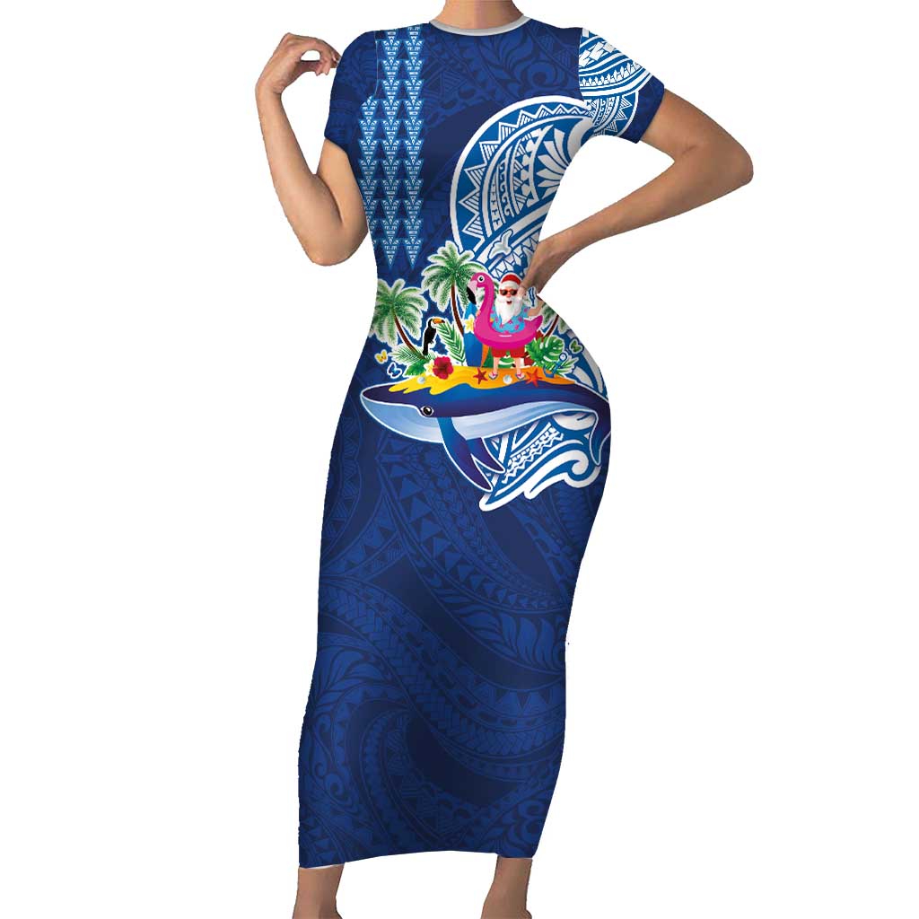 Hawaiian Mele Kalikimaka Family Matching Short Sleeve Bodycon Dress and Hawaiian Shirt Funny Santa on Whale Island with Kakau Tattoos - Polynesian Pride