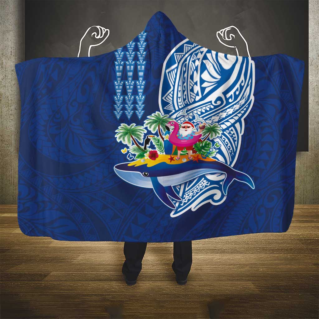 Hawaiian Mele Kalikimaka Hooded Blanket Funny Santa on Whale Island with Kakau Tattoos - Polynesian Pride