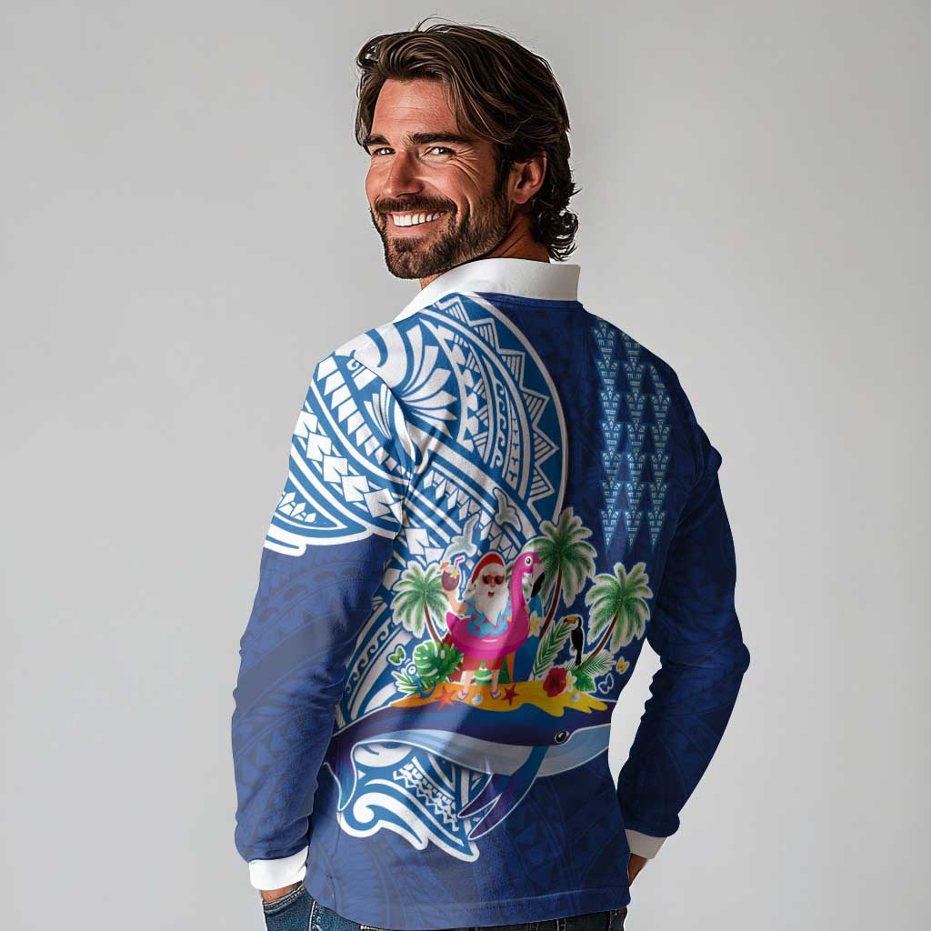 Hawaiian Mele Kalikimaka Long Sleeve Polo Shirt Funny Santa on Whale Island with Kakau Tattoos - Polynesian Pride
