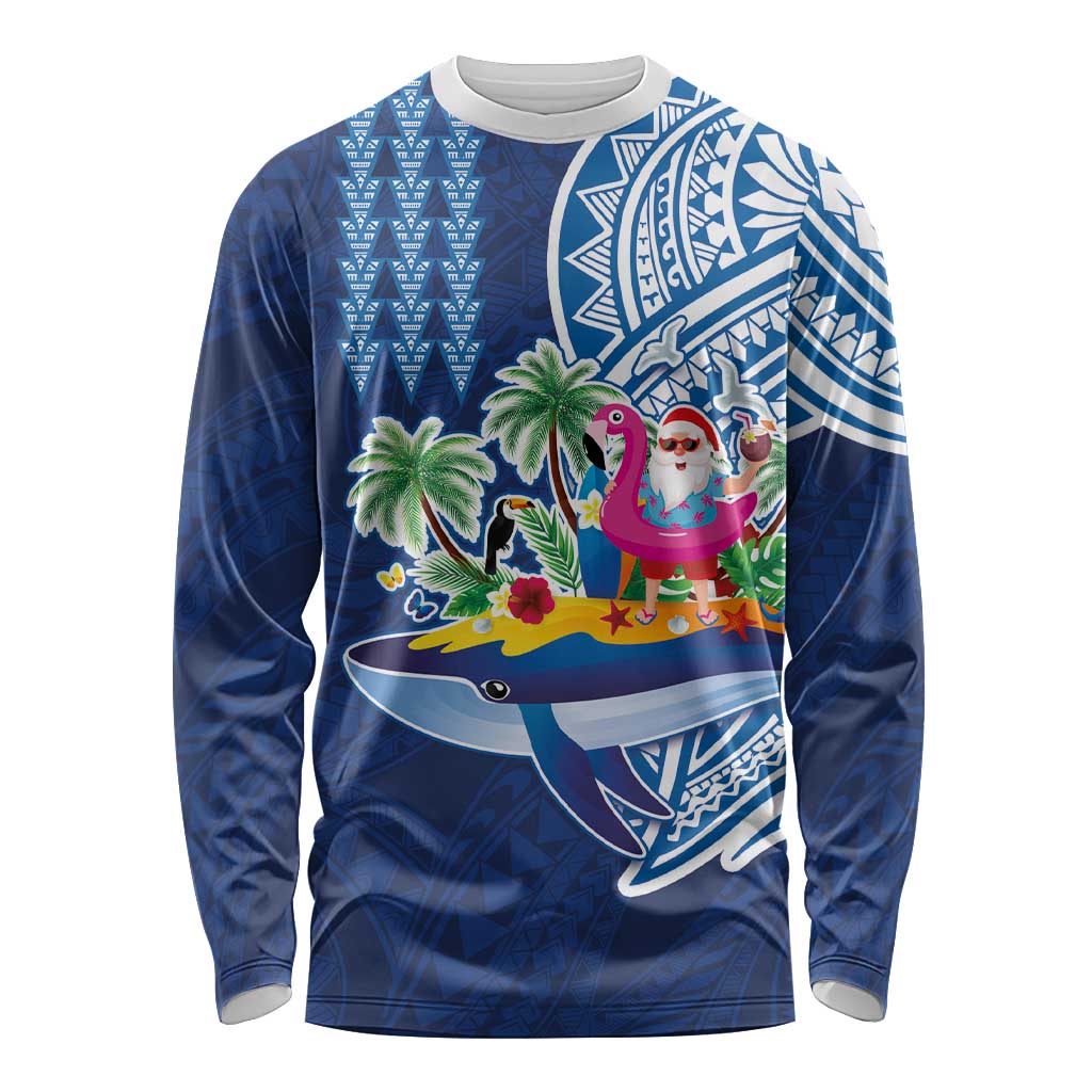 Hawaiian Mele Kalikimaka Long Sleeve Shirt Funny Santa on Whale Island with Kakau Tattoos - Polynesian Pride